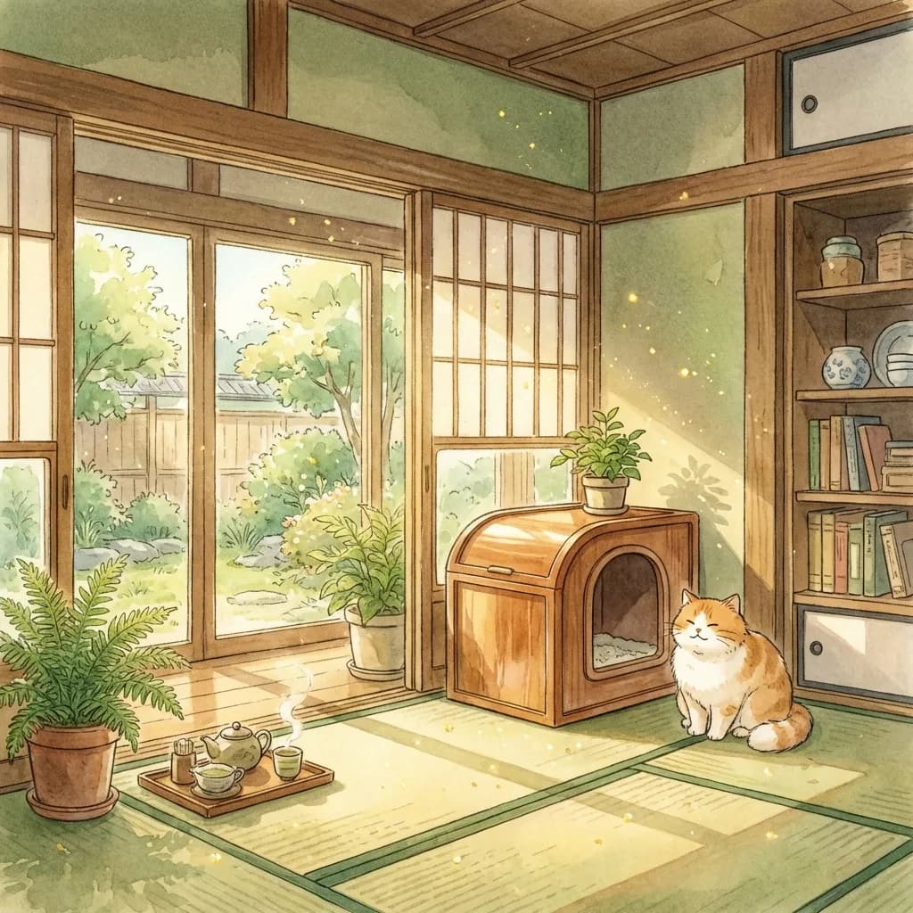 Cozy room with a cat and a clean litter box