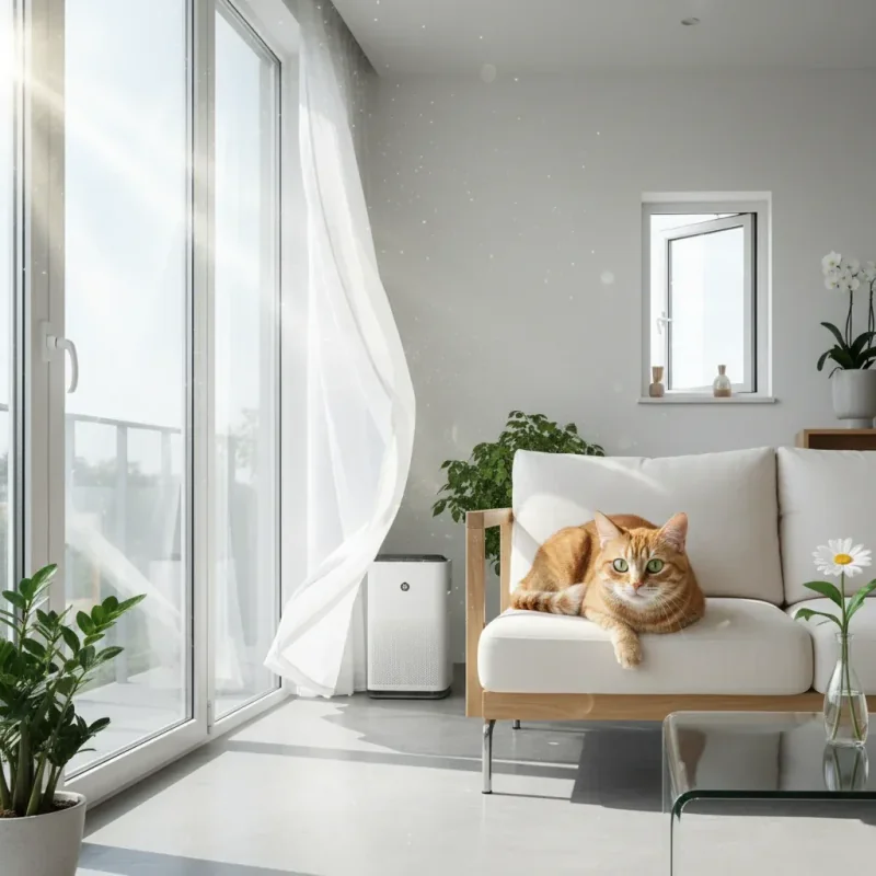 Happy cat in clean, fresh home environment
