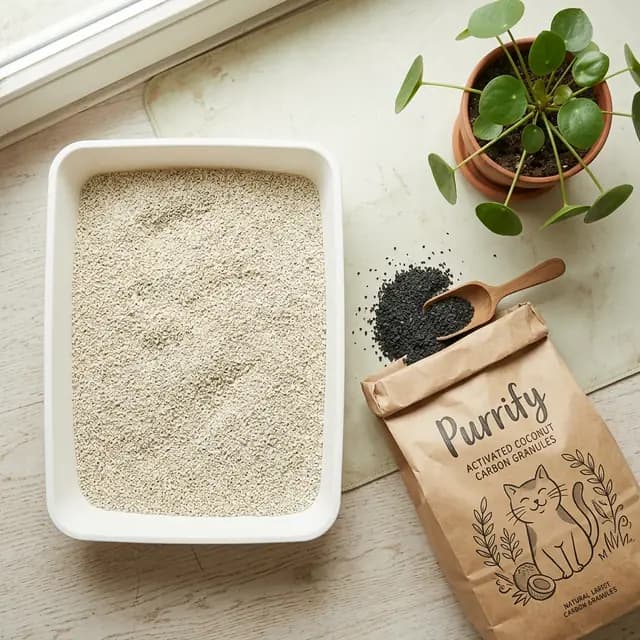 Purrify activated coconut carbon granules beside a clean litter box