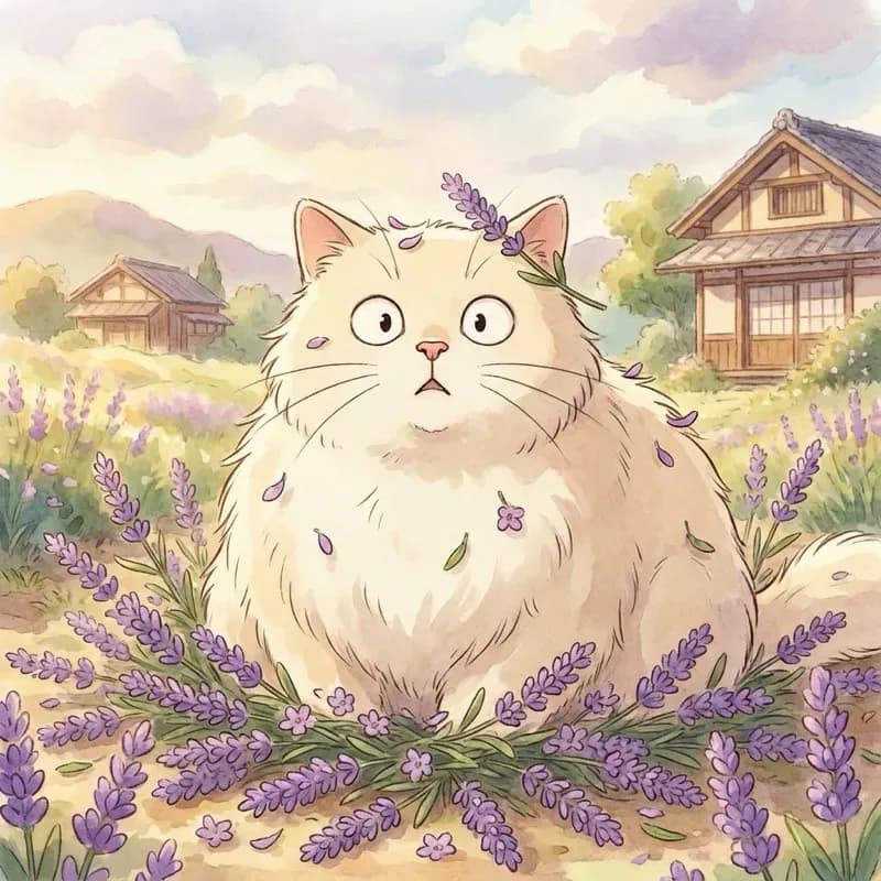 Playful Studio Ghibli style illustration of a cat covered in lavender blossoms - demonstrating the problem of masking odors