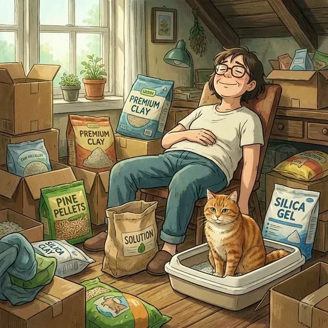 Frustrated cat owner surrounded by failed litter deodorizer products
