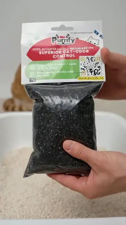 Purrify activated carbon cat litter deodorizer demo - tap to watch how it eliminates odors