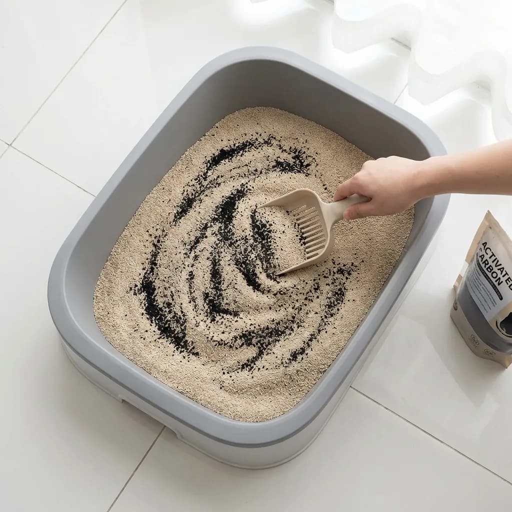 Cat owner performing proper litter box maintenance routine